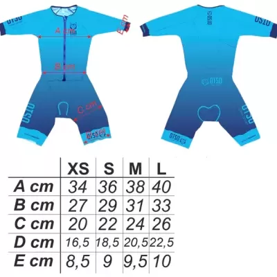 Fato de ciclismo azul com texto 'DISLO' e medidas para vários tamanhos