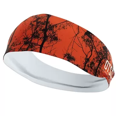 Fita desportiva elástica laranja com padrão de árvores pretas e texto 'OTOS'