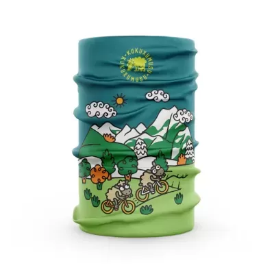 Cachecol tubular com padrão colorido de montanhas e ciclistas