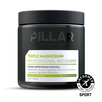 Frasco preto de suplemento Pillar Performance Triple Magnesium Professional Recovery sabor ananás e coco