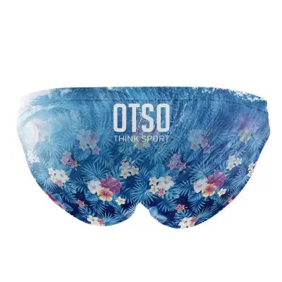 Sunga azul com padrão floral e texto OTSO THINK SPORT