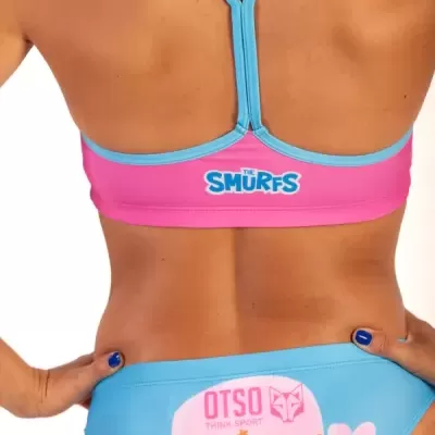 Fato de banho duas peças rosa e azul com texto THE SMURFS e GIRLS JUST WANNA HAVE FUN