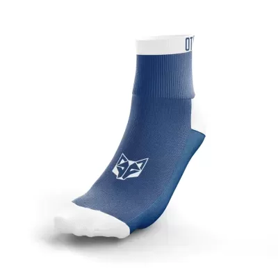 Meia curta azul escura com ponteira branca e logótipo de raposa