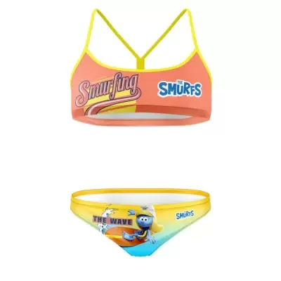 Fato de banho de duas peças com desenhos e texto Smurfs em cores laranja, amarelo e azul