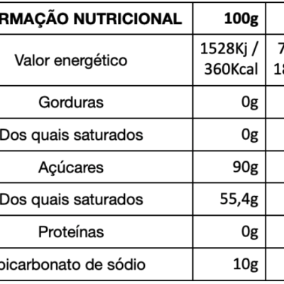 Tabela de informação nutricional com valores para 100g e 53g