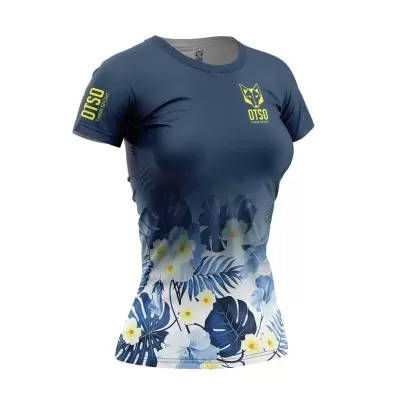 T-shirt desportiva feminina azul escuro com estampado floral e logos amarelos OTSO