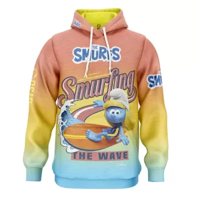 Sweatshirt com capuz colorida dos Smurfs com ilustração de personagem a surfar