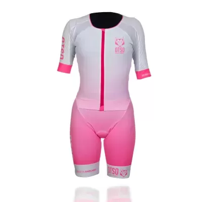 Macacão ciclismo feminino rosa e branco com estampas OTSO