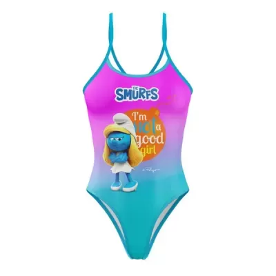 Fato de banho infantil azul e rosa com a personagem Smurfette e texto estampado.