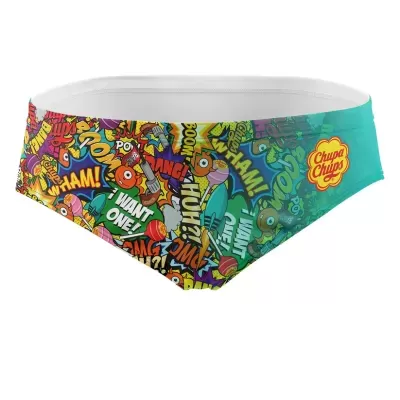 Cueca estilo slip colorida com padrão pop art e logo Chupa Chups