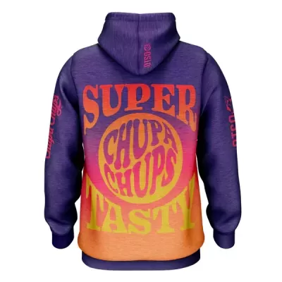 Sweatshirt colorida com texto grande e capuz
