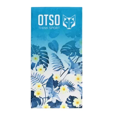 Toalha desportiva azul com padrão floral e texto OTSO THINK SPORT