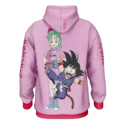 Sweatshirt rosa claro com capuz e elásticos vermelhos, com personagens anime nas costas e texto japonês nas mangas.
