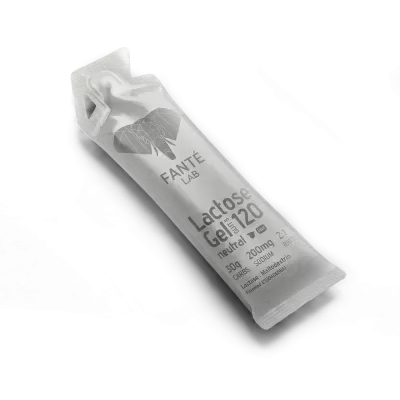 Pacote de gel de lactose branco com texto e logótipo de elefante.