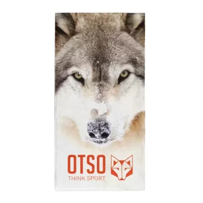 Toalha desportiva branca com estampa de lobo cinzento e texto 'OTSO THINK SPORT' em laranja