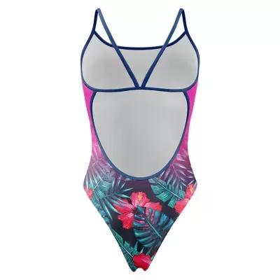 Fato de banho feminino floral azul, rosa e verde com recorte frontal