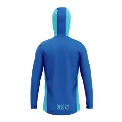 Camisola desportiva com capuz azul e azul turquesa vista de costas