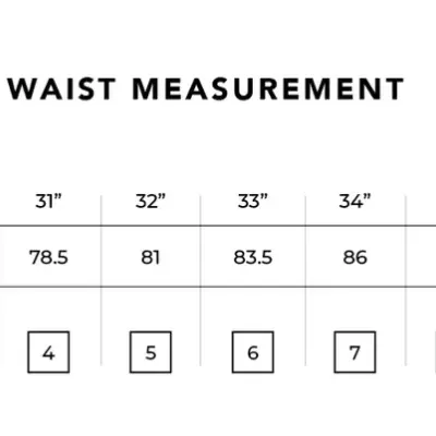 Tabela de medidas de cintura em polegadas e centímetros com tamanhos numerados de 1 a 12