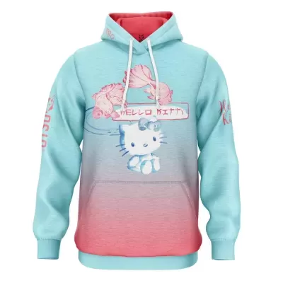 Sweatshirt azul claro e rosa Hello Kitty com capuz e estampas de peixes
