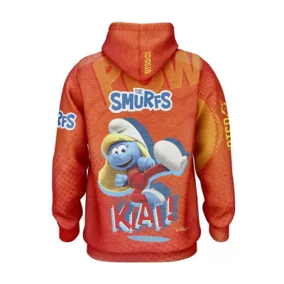 Sweatshirt laranja com gráfico dos Smurfs e texto THE SMURFS e KLA! nas costas