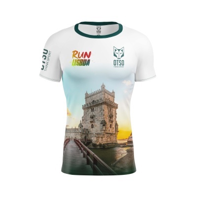 T-shirt branca com estampado da Torre de Belém e texto Run Lisboa