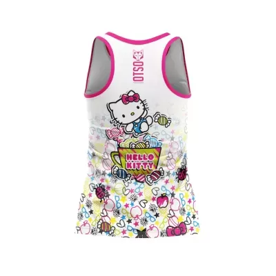 Camisola de alças branca com estampado colorido da Hello Kitty e detalhes em rosa