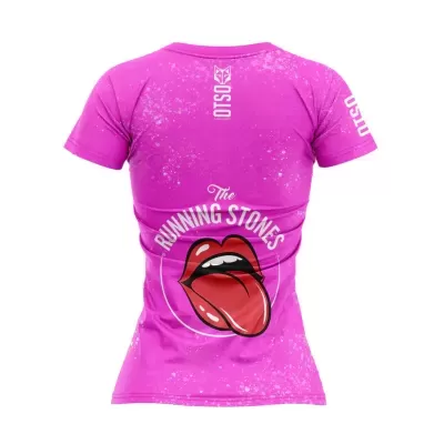 Camisola desportiva rosa com estampa lábios vermelhos e texto The RUNNING STONES nas costas