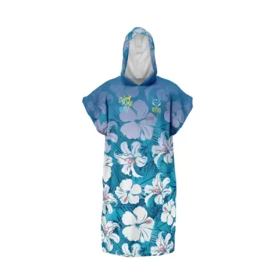 Poncho com estampa floral azul com capuz e textos AMBIKE e OTSO.