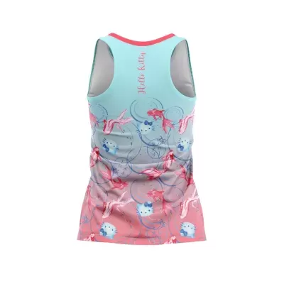 Regata feminina azul e rosa com estampa Hello Kitty e peixes dourados