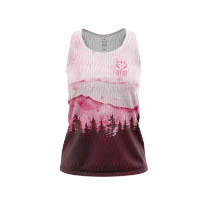 Top desportivo rosa e castanho com padrão de montanhas e árvores, logo OTSO