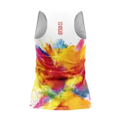 Camisola desportiva sem mangas colorida com padrão vibrante e texto OTSO nas costas