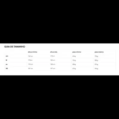 Tabela guia de tamanho com medidas de altura e peso para diferentes tamanhos