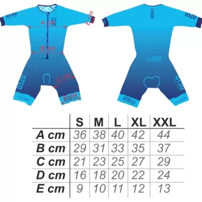 Roupa de ciclismo azul claro e azul escuro com texto OSLO e tabela de tamanhos