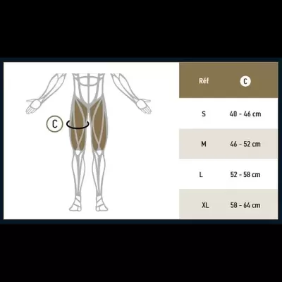 Ilustração da coxa humana com tabela de tamanhos para referência C