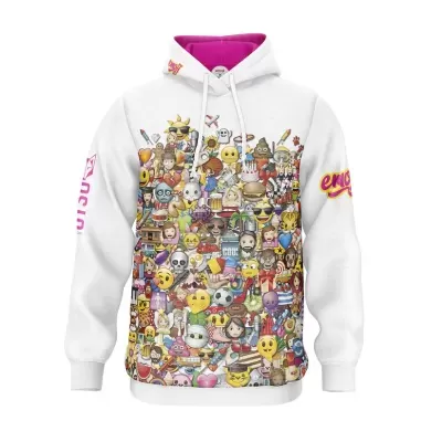 Sweatshirt branca com capuz rosa e estampado colorido frontal de personagens e textos nas mangas