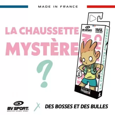 Embalagem das meias La Chaussette Mystère feita em França com personagem de desenho animado