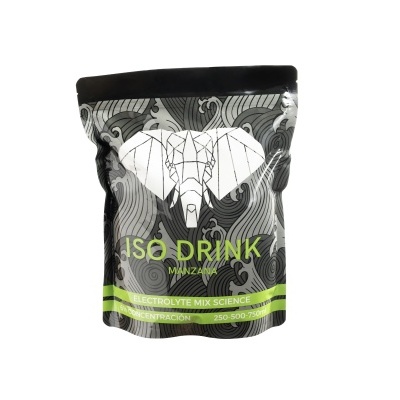 Pacote preto com desenho de elefante e texto ISO DRINK.