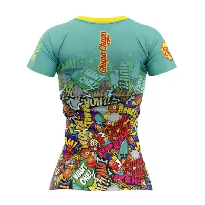 T-shirt colorida com padrão pop art e logótipos Chupa Chups na parte de trás