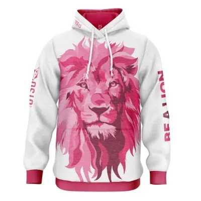 Sweatshirt com estampa de leão em rosa e branco com capuz
