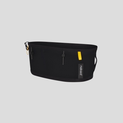 Cinto desportivo preto com fechos e etiqueta 'naked' sobre fundo cinzento