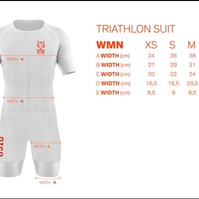Fato de triatlo branco com logo e tabela de medidas