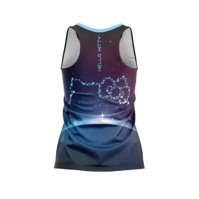Camisola esportiva sem mangas com estampa espacial e texto Hello Kitty nas costas