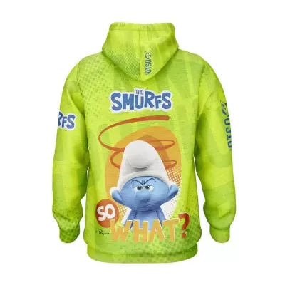 Camisola com capuz verde com imagem dos Smurfs e texto 'SO WHAT?'