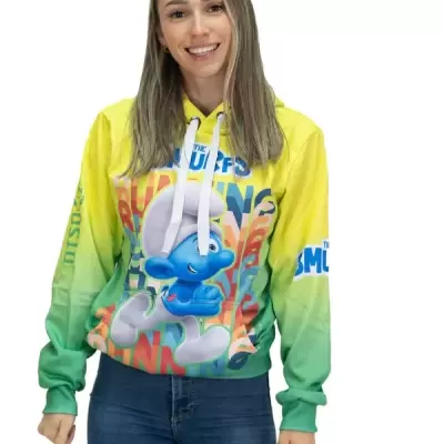 Sweatshirt colorida com estampa dos Smurfs e cordões brancos
