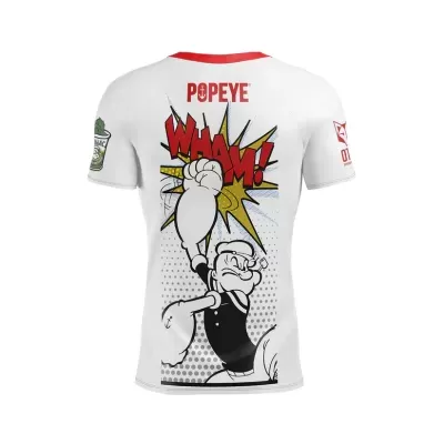Camiseta branca com estampa traseira do personagem Popeye a dar um soco com a palavra WHAM!