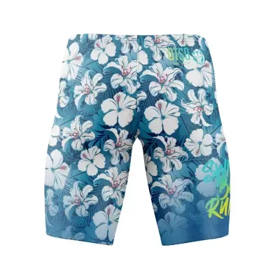 Calções de banho azuis com padrão floral branco e texto colorido