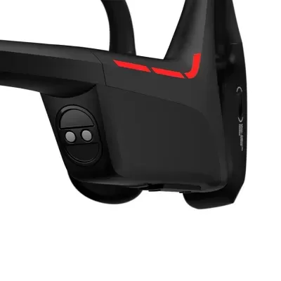 Suporte de bicicleta preto com detalhes vermelhos e botões cinzentos