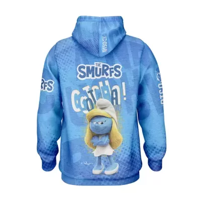 Camisola azul com capuz dos Smurfs com imagem da Smurfette e texto promocional