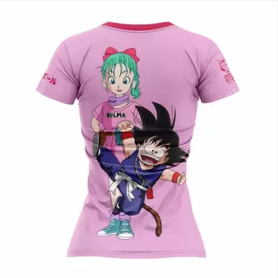 T-shirt rosa com personagens de anime Bulma e rapaz de cabelo preto