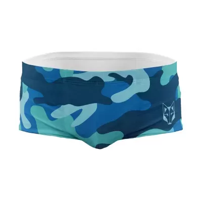 Cuecas de banho camuflado azul e verde com logo de lobo branco